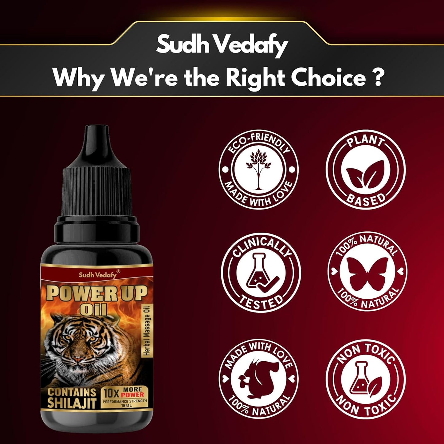 Sudh Vedafy Power Up Ayurvedic Massage Oil for Men | Restores Energy & Hardens the relaxing muscles | Enriched With Jaiphal, Shilajit, Safed Musli and Black Seed - 15 ml (Pack of 3)