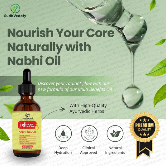 Sudh Vedafy Sri Ram Nabhi Tailam 30ml | Ayurvedic Multi Benefit Nabhi Oil | Belly Button oil for Skin & Hair | Nabhi Oil ayurvedic for Health and Beauty | नाभि तेल ( 30 Ml )