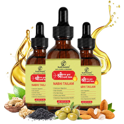 Sudh Vedafy Sri Ram Nabhi Tailam 30ml | Ayurvedic Multi Benefit Nabhi Oil | Belly Button oil for Skin & Hair | Nabhi Oil ayurvedic for Health and Beauty | नाभि तेल ( 30 Ml )