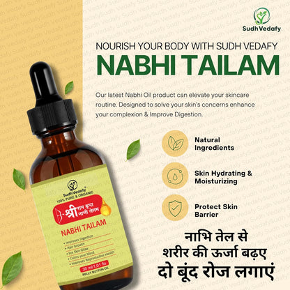 Sudh Vedafy Sri Ram Nabhi Tailam 30ml | Ayurvedic Multi Benefit Nabhi Oil | Belly Button oil for Skin & Hair | Nabhi Oil ayurvedic for Health and Beauty | नाभि तेल ( 30 Ml )