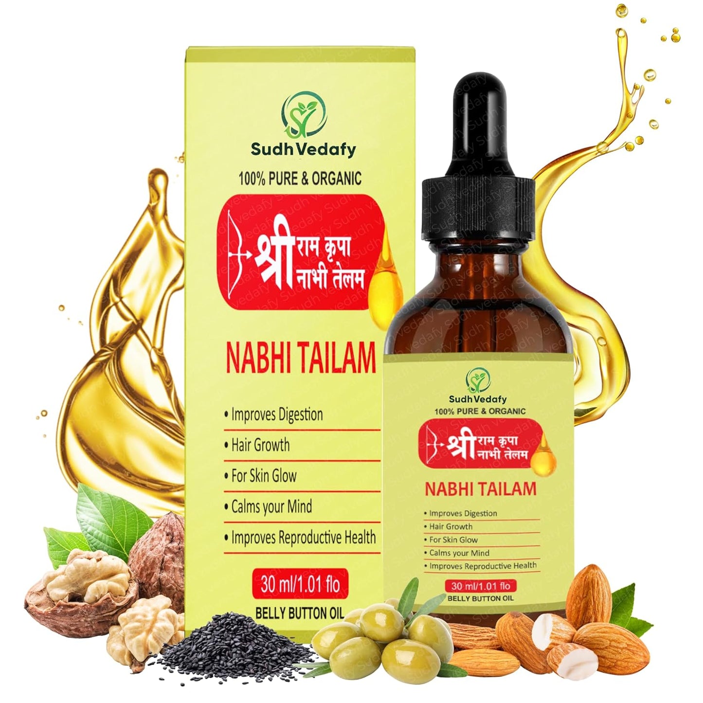 Sudh Vedafy Sri Ram Nabhi Tailam 30ml | Ayurvedic Multi Benefit Nabhi Oil | Belly Button oil for Skin & Hair | Nabhi Oil ayurvedic for Health and Beauty | नाभि तेल ( 30 Ml )