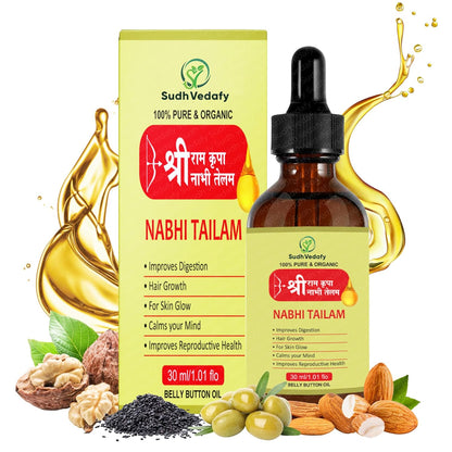 Sudh Vedafy Sri Ram Nabhi Tailam 30ml | Ayurvedic Multi Benefit Nabhi Oil | Belly Button oil for Skin & Hair | Nabhi Oil ayurvedic for Health and Beauty | नाभि तेल ( 30 Ml )