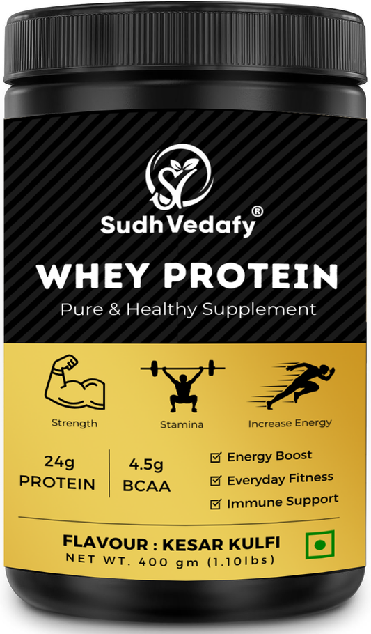 Sudh Vedafy Whey Protein Powder for Muscle Support & Recovery, Vegetarian - Primary Source Whey Isolate I Kesar Kulfi I 400g (1.101 lbs) 14 Serves