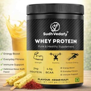 Sudh Vedafy Whey Protein Powder for Muscle Support & Recovery, Vegetarian – Primary Source Whey Isolate I Kesar Kulfi I 400g (1.101 lbs) 14 Serves