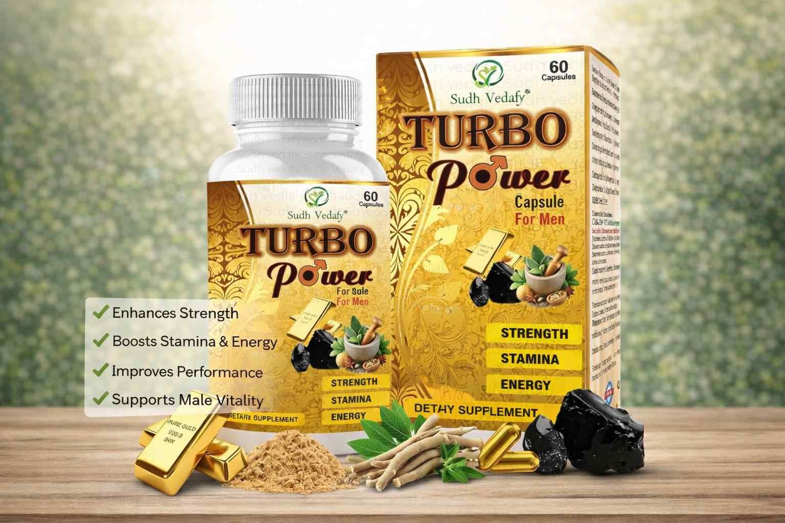 Sudh Vedafy Turbo Power Capsule for Men – Enriched with Pure Gold - 60 Capsules| Ayurvedic Supplement | Energy, Stamina & Strength Support
